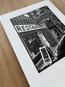 Skyline Restaurant Linocut Print (Limited Edition)