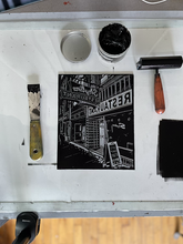 Load image into Gallery viewer, Skyline Restaurant Linocut Print (Limited Edition)