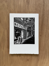 Load image into Gallery viewer, Skyline Restaurant Linocut Print (Limited Edition)
