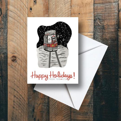 Raccoon Streetcar Driver Holiday Greeting Card