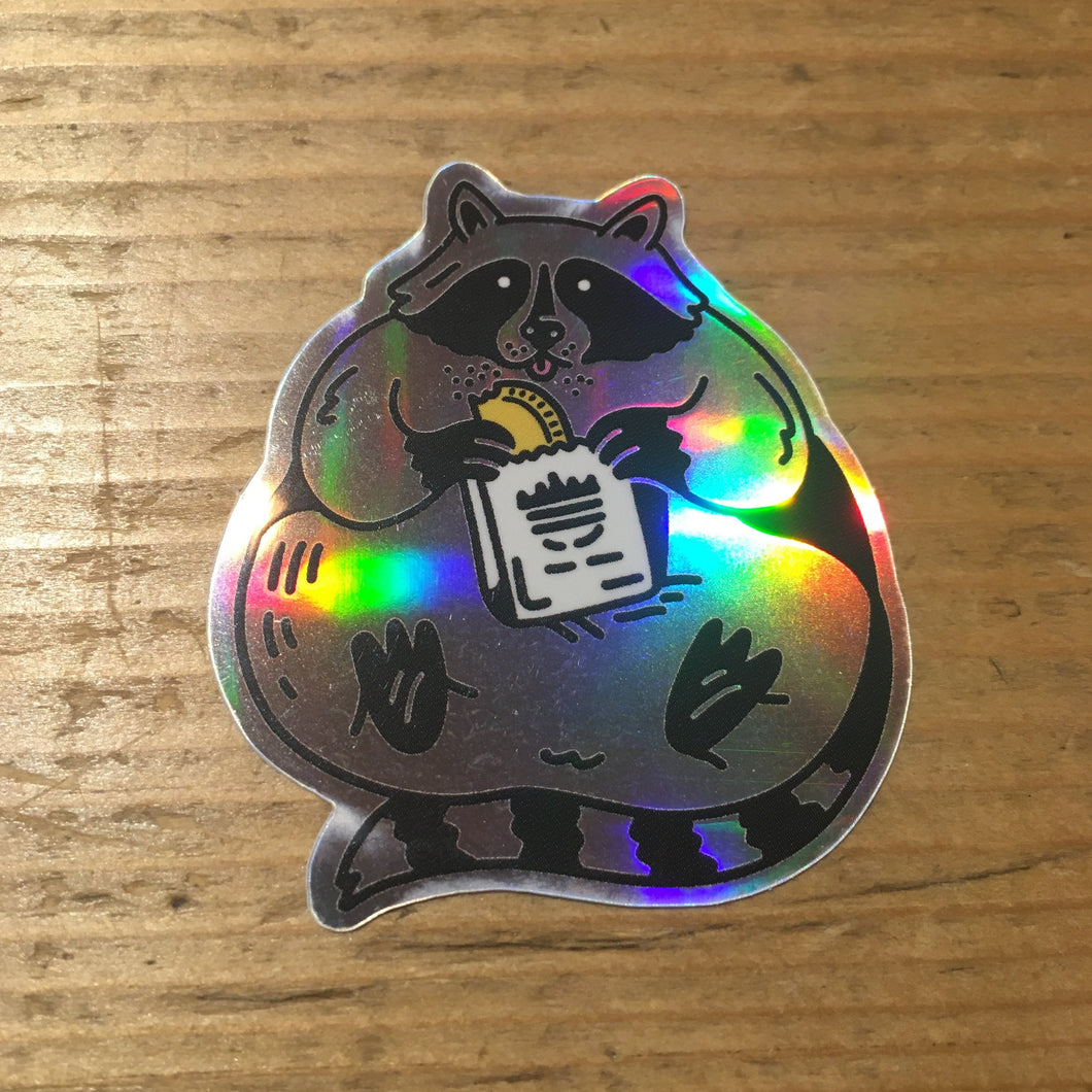 Raccoon Eating a Patty Holographic Sticker