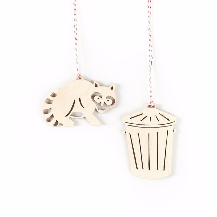 Raccoon and Trash Can Wooden Ornaments