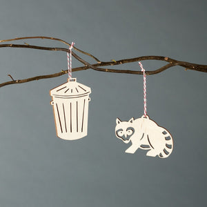Raccoon and Trash Can Wooden Ornaments