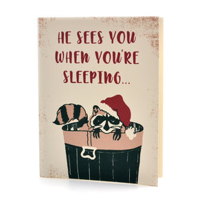 "He Sees You When You're Sleeping..." Raccoon Christmas Card