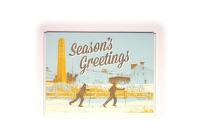 "Season's Greetings" Evergreen Brick Works Skiers Greeting Card