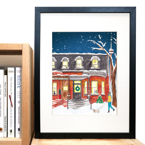 Snowy Victorian Row Houses Holiday Scene Art Print