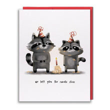 Load image into Gallery viewer, &quot;We Left You the Candle Slice&quot; Raccoon Birthday Card